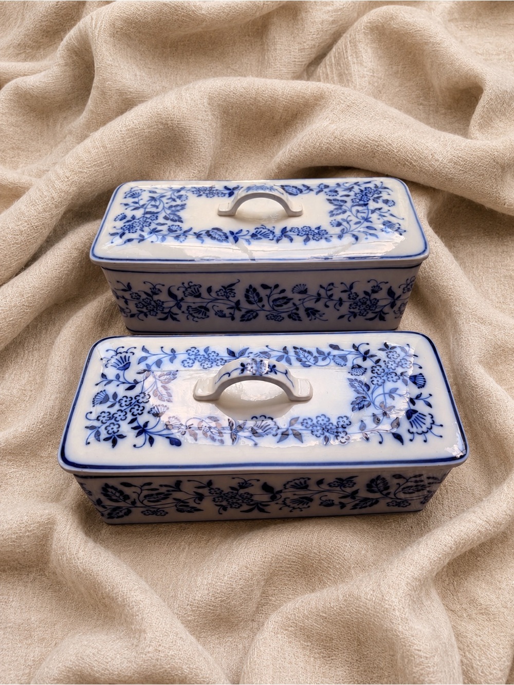 Antique Wächtersbach Blue & White Covered Boxes — Pair, c. 1900